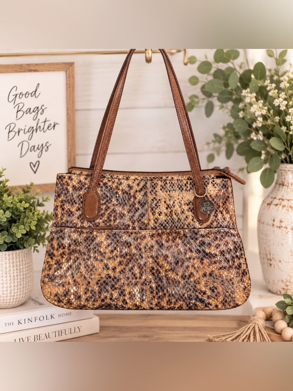HOBO International Snakeskin Print Leather Tote Shoulder Bag Brown Tan